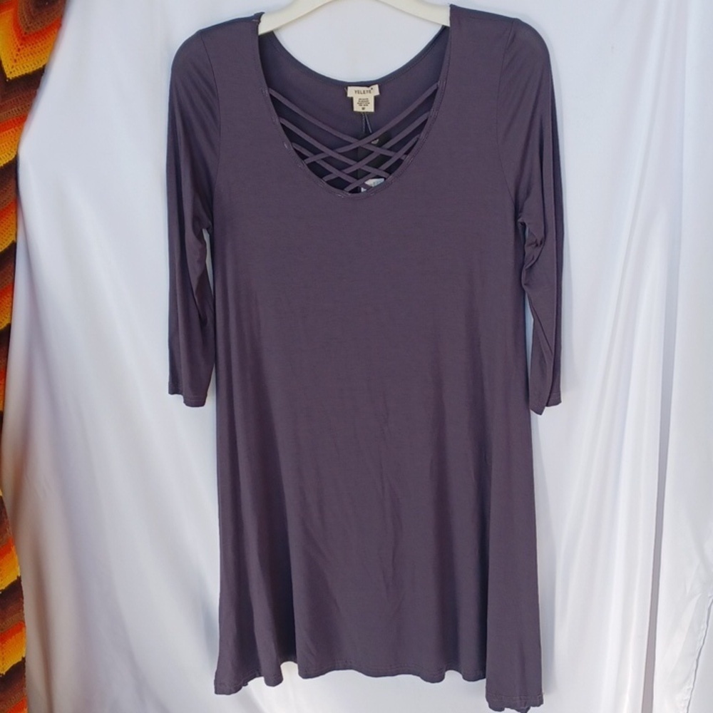 Yelete 3/4 Sleeve Dress, Gray, Chriscross Neckline Detail, Sz M, 19"PTP, 36" L